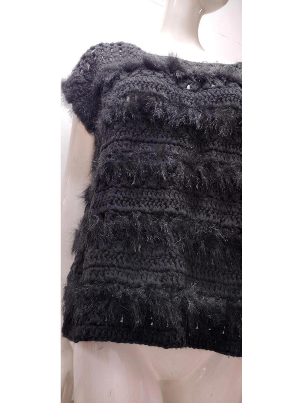 Romeo & Juliet Couture Black Fringe Knit Top Bohemian Avante-garde Vest Sweater